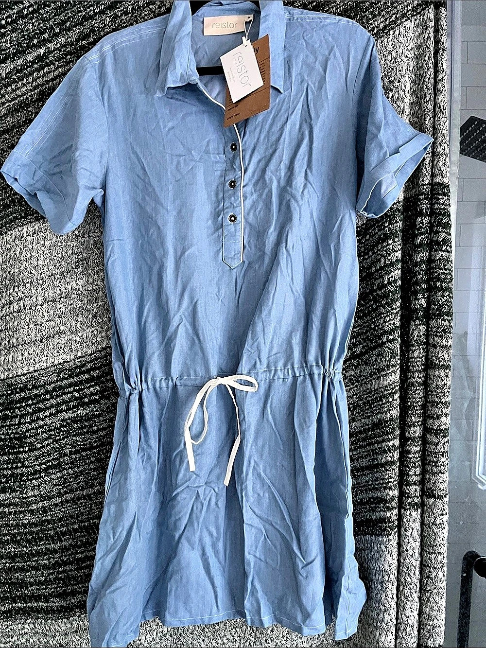 Reistor Drawstring Denim Shirt Dress with Front Buttons Blue Tencel Mini Dress